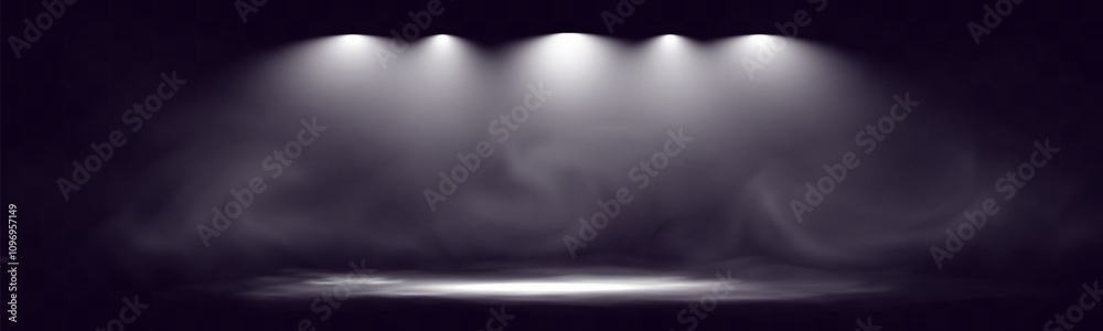 Poster spotlights shining down in a dark, misty atmosphere, creating a dramatic stage or stadium effect wit