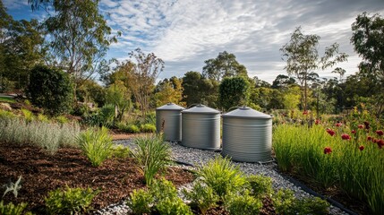 Obraz premium Scenic Garden with Silvery Water Tanks and Greenery