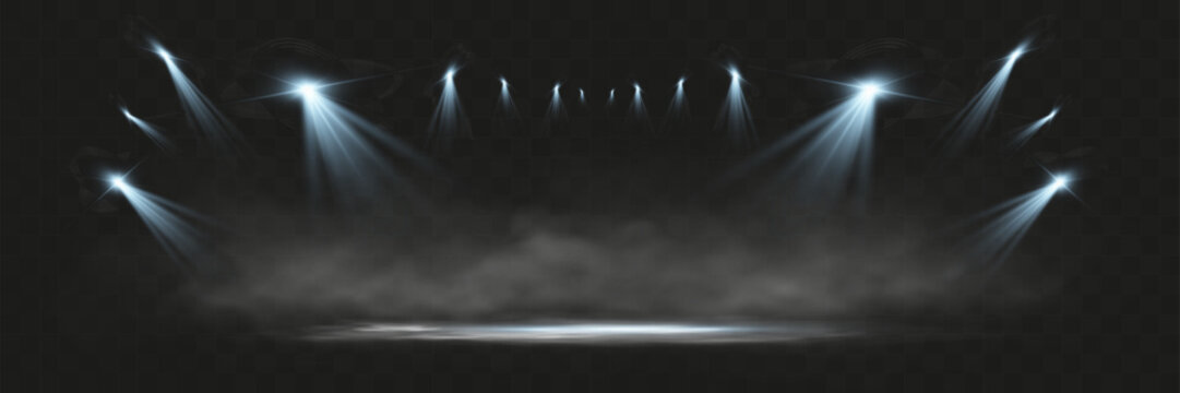 	
Spotlights shining down in a dark, misty atmosphere, creating a dramatic stage or stadium effect with beams of light piercing through the haze. Ideal for themes related to performances, events.	
