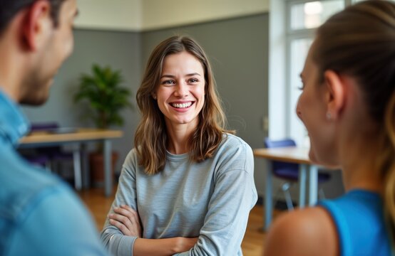 Smiling woman student talks with two men. Happy young adult in casual wear. Team communication. Gym class. Fitness training. Education. Positive interaction. School. Youth. Sport. - Powered by Adobe