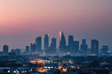 Fototapeta premium Hazy Corporate Evening Atmosphere with Modern Office and Urban Skyline for Professional Presentations