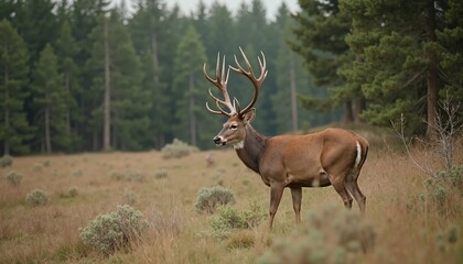 Fototapeta premium Majestic Buck with Impressive Antlers Standing Alert in Forest Meadow