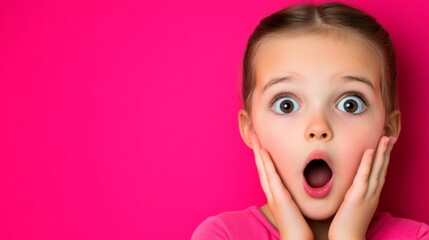 Young girl with her hands on her face, looking surprised. The pink background adds a sense of warmth and innocence to the scene