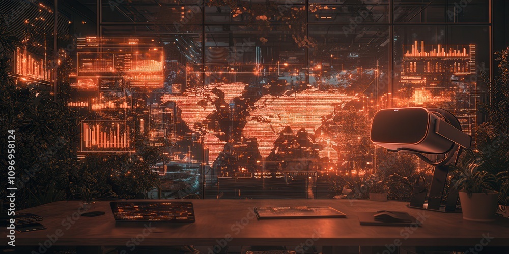 Poster a futuristic workspace features a glowing world map, data visualizations, and a sleek desk, creating