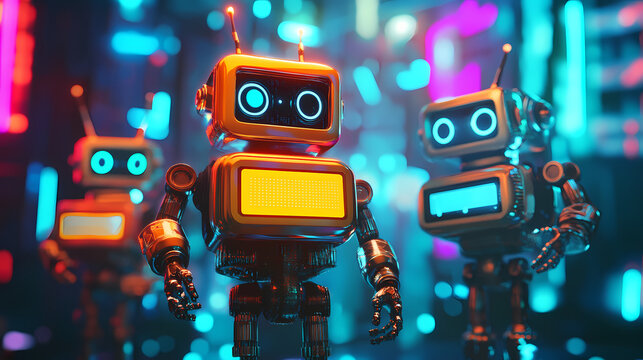 Playful robots frolicking in a digital realm ai generated illustration. Futuristic Robot Realm. Illustration