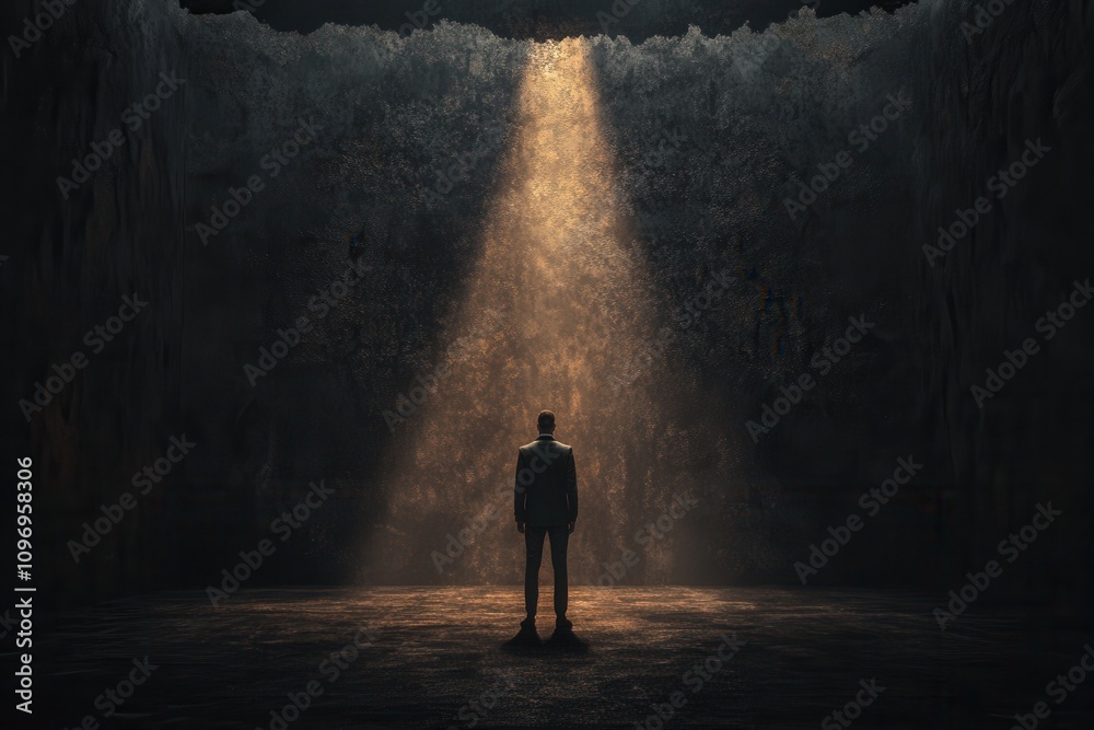 Aufkleber a solitary figure stands in a dimly lit space, illuminated by a beam of light, creating an atmospher