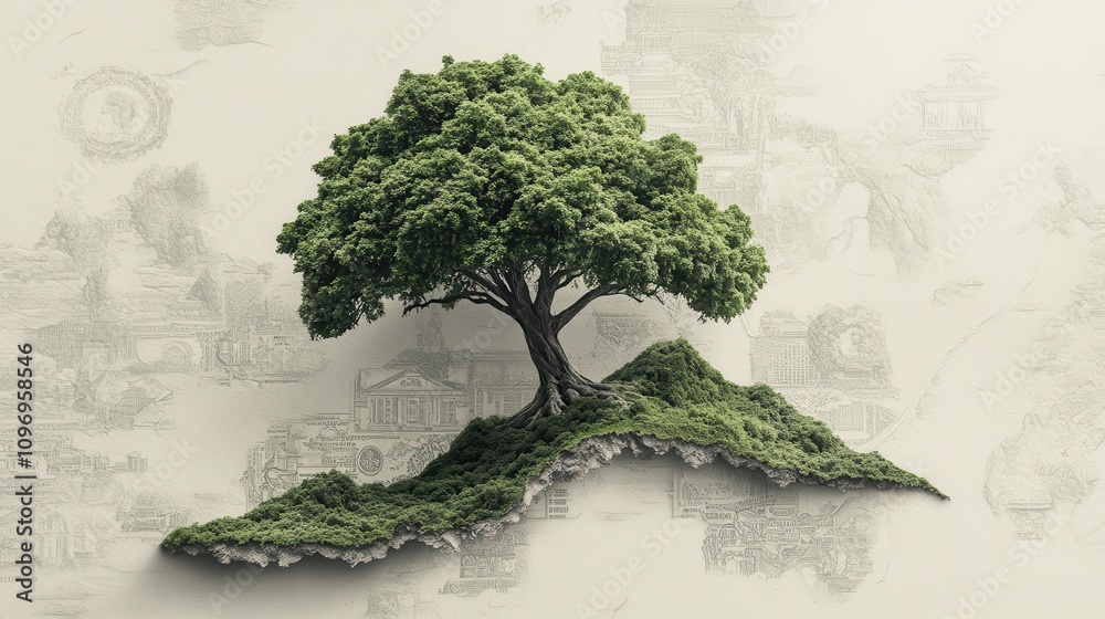 Poster a stylized tree on a grassy mound, set against a subtle background, symbolizing nature and tranquili