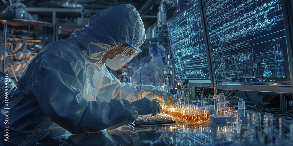 Poster A scientist in protective gear analyzes data on multiple screens while working with laboratory equipment in a high-tech lab environment.