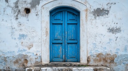 Weathered blue door on a rustic white wall
