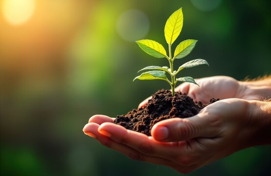 Hands hold small tree seedling earth. New life growth concept. Eco nature spring planting. Agriculture farm symbol. Human care hope. Green environment protection.
