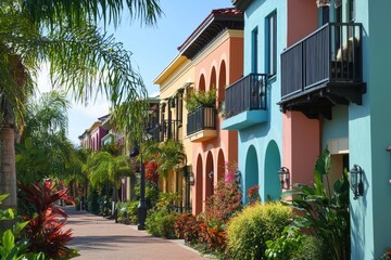 Fototapeta premium Vibrant Street Scene with Colorful Buildings and Lush Greenery - Charming street, colorful houses, tropical foliage, sunny day, vacation vibes.