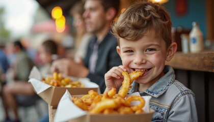 Smiling Boy Happily Eating French Fries at Busy Restaurant
