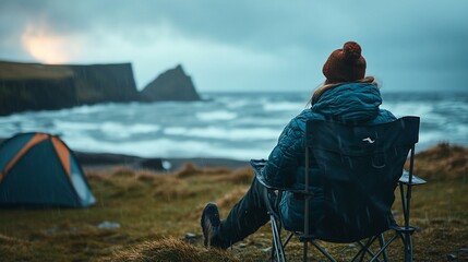 Fototapeta premium Woman relaxes in camping chair overlooking stormy ocean.