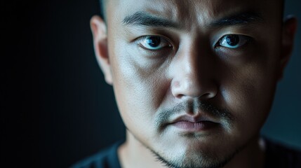 Fototapeta premium A close-up portrait of a man with intense expression and focused gaze against a dark background.