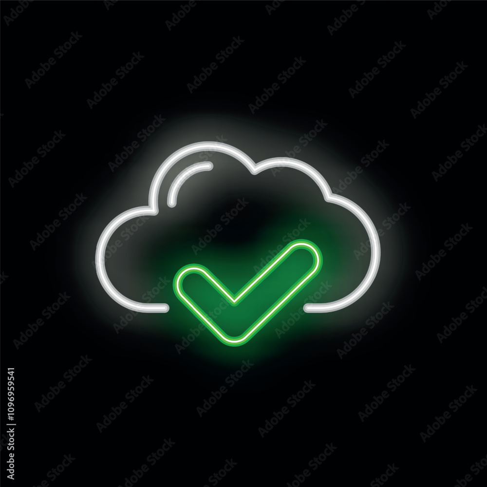 Poster neon green check mark glowing inside a cloud computing icon on black background representing cloud d