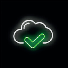 Neon green check mark glowing inside a cloud computing icon on black background representing cloud data storage security