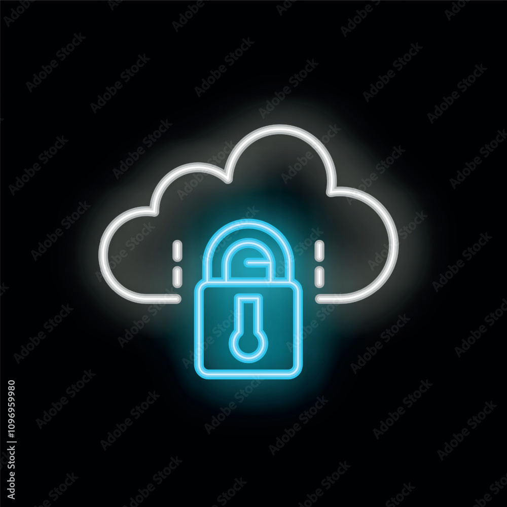 Poster neon icon showing a cloud with a padlock, representing secure cloud computing and data protection