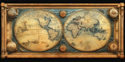Antique Ornate World Map Framed In Intricate Gold
