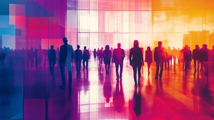 Fototapeta premium Silhouetted Figures Walking Through A Modern Building