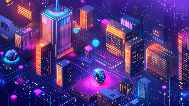 Explorers navigate the vibrant realm of digital landscapes in futuristic gear. Futuristic Robot Realm. Illustration