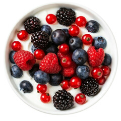 Top view of bowl of greek yogurt and fresh berries. png isolated background. transparent background.