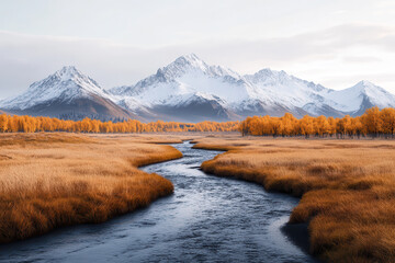Fototapeta premium Scenic view of a tranquil river winding through golden autumn grasslands with snow-capped mountains in the background