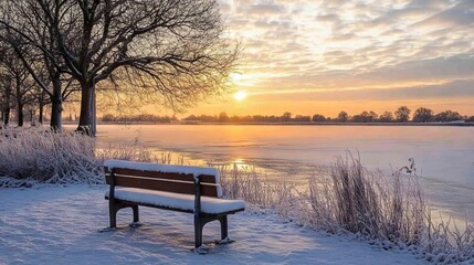 Beautiful Winter Landscape with Frozen Lake at Sunrise. AI generated illustration