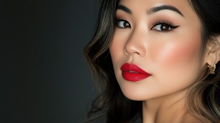 Fototapeta premium Captivating Gaze: Close-up portrait of a stunning Asian woman with a classic red lip and winged eyeliner, exuding confidence and allure. 