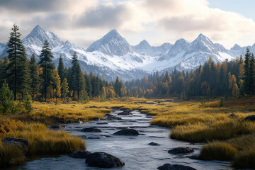 Beautiful Mountain Landscape with Snowy Peaks, River, and Autumn Forest in a Picturesque Valley