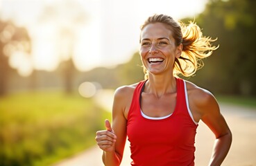 Happy Asian woman jogs outdoors. She smiles during morning workout. Healthy mature female runner enjoys exercise. Fitness lifestyle. Active woman in 40s.