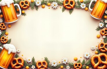 Oktoberfest invitation mockup. Beer mugs pretzels Bavarian pattern frame empty space. Graphic design template. Festive autumn celebration. Party invitation card. Perfect for brewery pub restaurant.