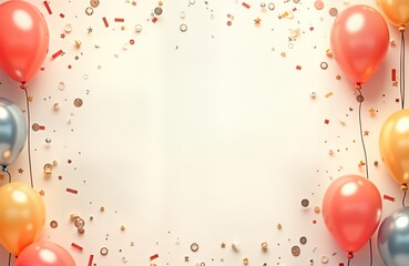 Party invitation mockup features balloons confetti. Warm color scheme. Blank space for text. Perfect farewell design. Greeting card template. Festive background. Celebration image.