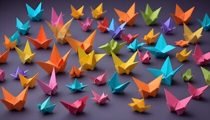 papel de origami y tijeras  una composición con papeles de colores vivos, figuras de origami terminadas, y unas tijeras o pegamento, dispuestos sobre una superficie ordenada. perfecto para temas arti