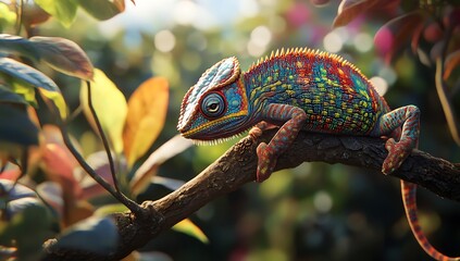 Vibrant Chameleon Perched on Branch Amongst Lush Foliage
