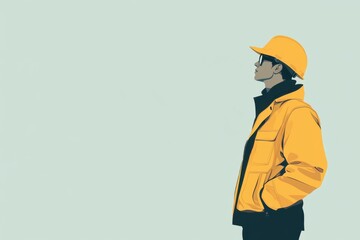 Minimalistic worker in hard hat and jacket for industrial design