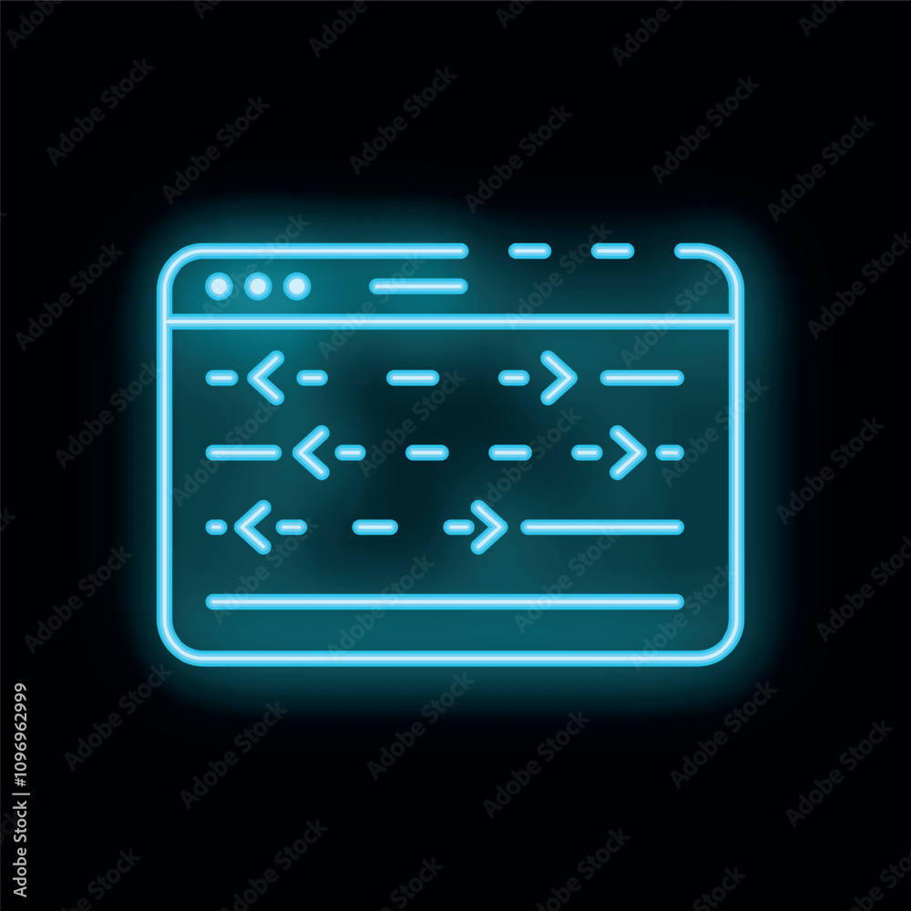Poster Neon blue glowing symbol of programming code in browser window isolated on a black background