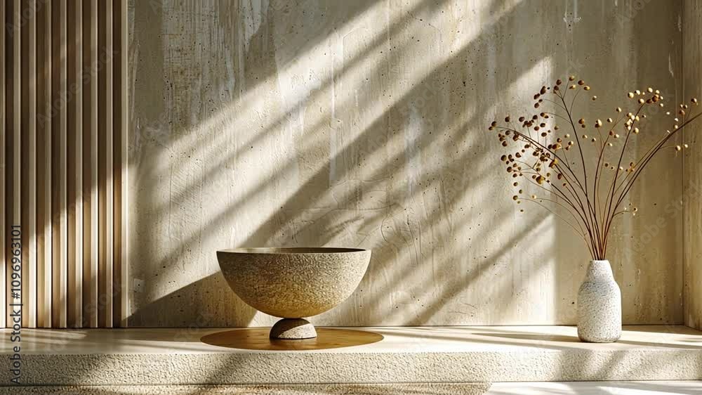 Aufkleber a minimalist interior showcases a textured bowl resting on a circular base alongside a slender vase 