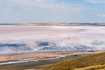 Koyashsky salt lake, pink and blue background. Nature.