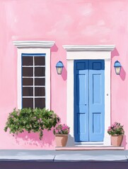 Pastel Pink House with Blue Door and Windows - Charming pastel pink house, blue door, window boxes, sunlight, peaceful. Symbolizes serenity, home, spring, happiness, dreams.