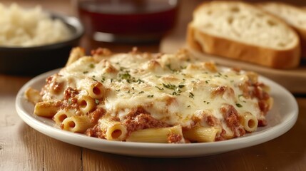 A comforting plate of baked ziti with melted cheese and a side of garlic bread