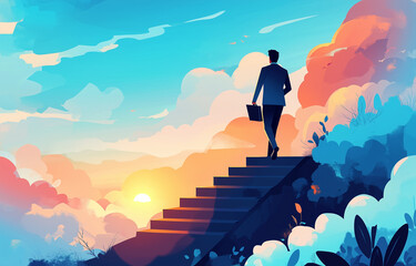 Fototapeta premium a man in a suit climbs the stairs against a background of clouds and sunlight, business motivation, success