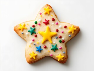 A five-pointed star shaped cookie filled with Christmas elements, isolated on a white background.