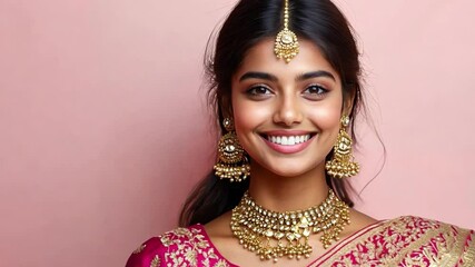 Elegant indian woman smiling in traditional attire with jewelry against a pink background during a festive celebration
