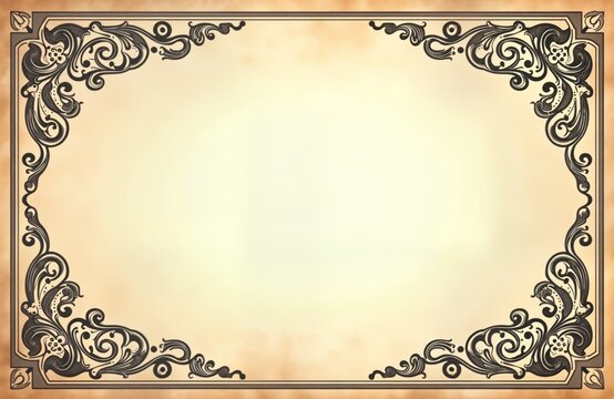 Aged paper background. Vintage ornate frame. Empty space. Lace pattern border. Funeral flyer mockup. Design template. Memorial card. Invitation design. Graphic resource.