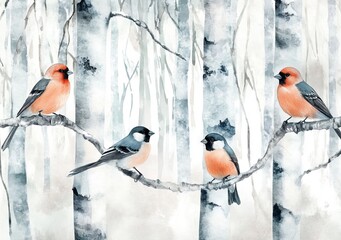 Watercolor Bullfinches on Birch Trees in Winter Forest. AI generated illustration