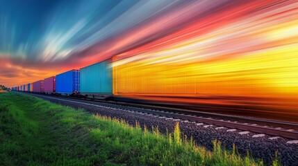 Fototapeta premium Vibrant sunset backdrop enhances the movement of a speeding cargo train by the tracks