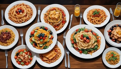 Platos de Comida Elegantes Una composición con platos bien decorados de diferentes tipos de comida (ensaladas, pastas, postres) sobre una mesa elegante. Ideal para fondos gastronómicos 