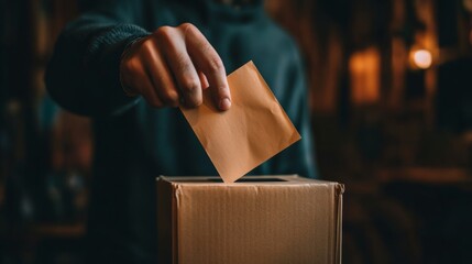 Fototapeta premium Person casts a ballot into a cardboard box during an election in a dimly lit location at night