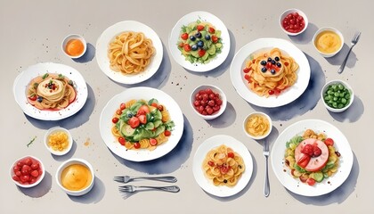 Platos de Comida Elegantes Una composición con platos bien decorados de diferentes tipos de comida (ensaladas, pastas, postres) sobre una mesa elegante. Ideal para fondos gastronómicos 