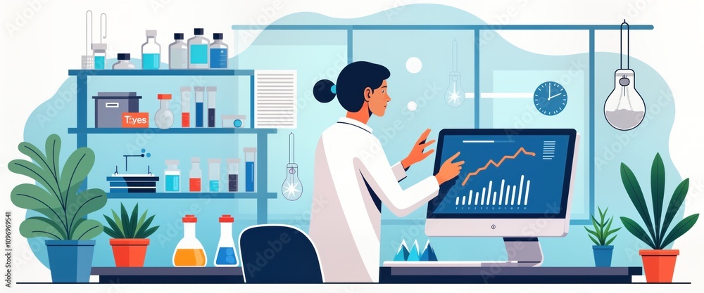 Poster Lab scientist analyzes research data on computer. Graph shows experiment results. Works in modern science lab. Biology chemistry study. Innovative tech used. Data analysis process. Science research.